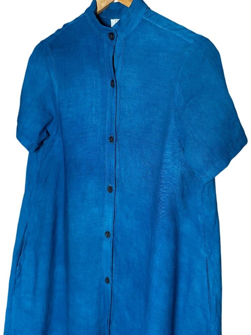 Swahili Coast Linen Dress Medium Blue Button Front Midi Ethical Artisan Pocket - Picture 2 of 10